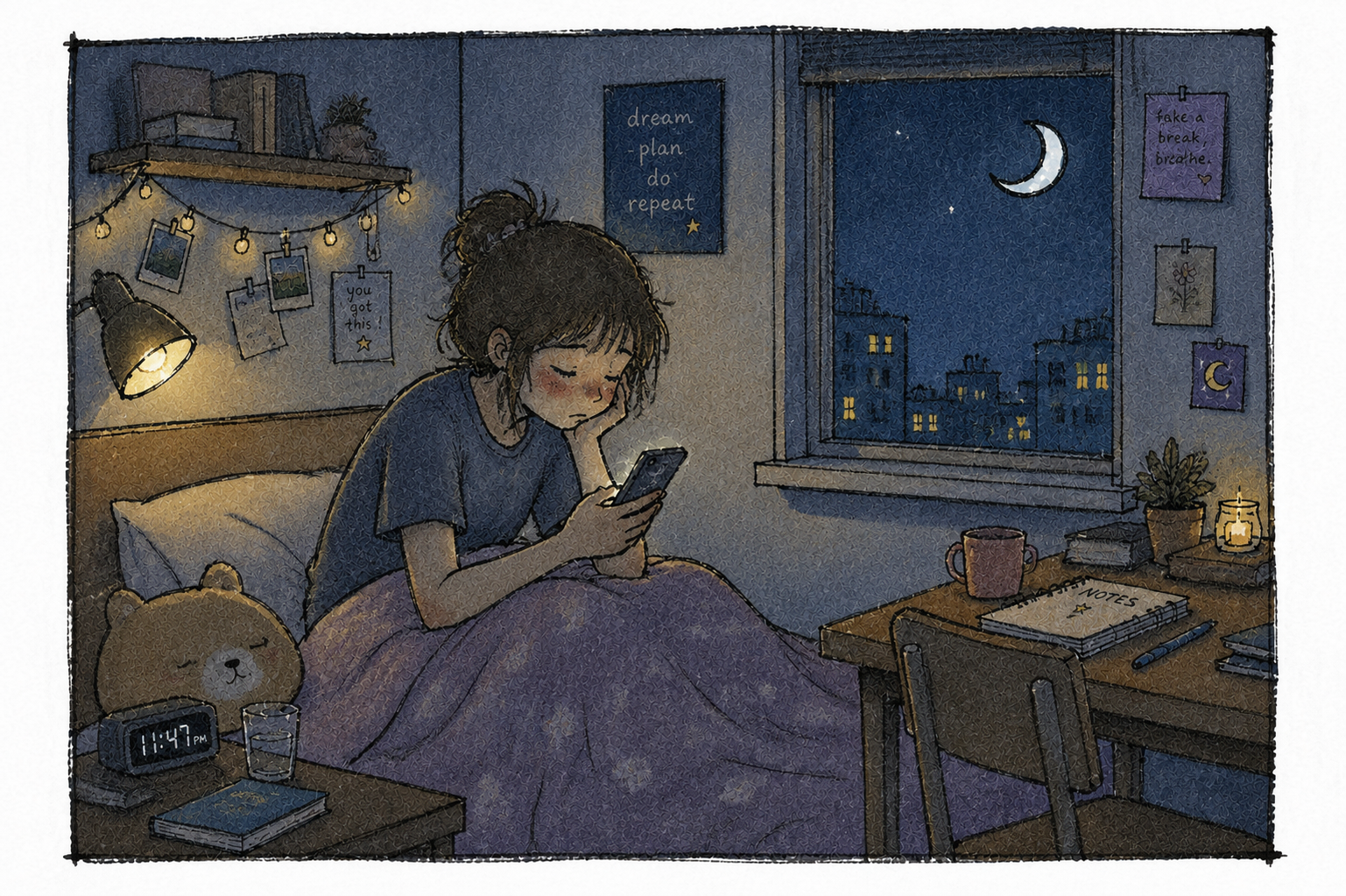 A person looking at a phone in a cozy room at night