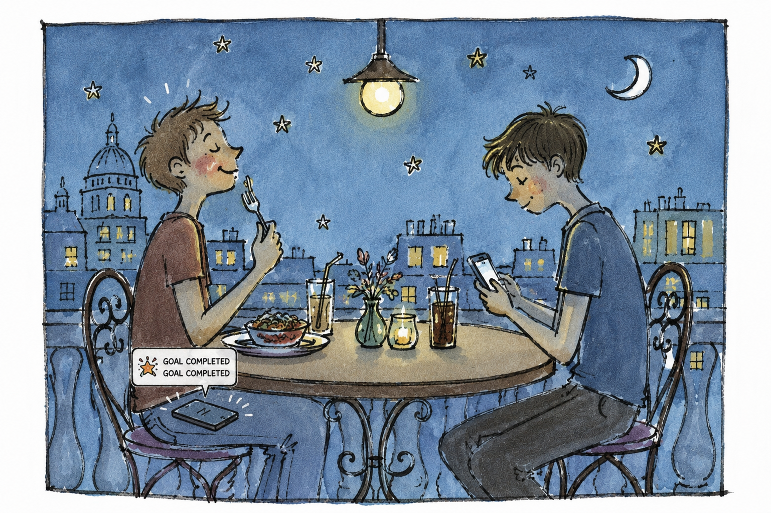 Two people having dinner under a starry night sky